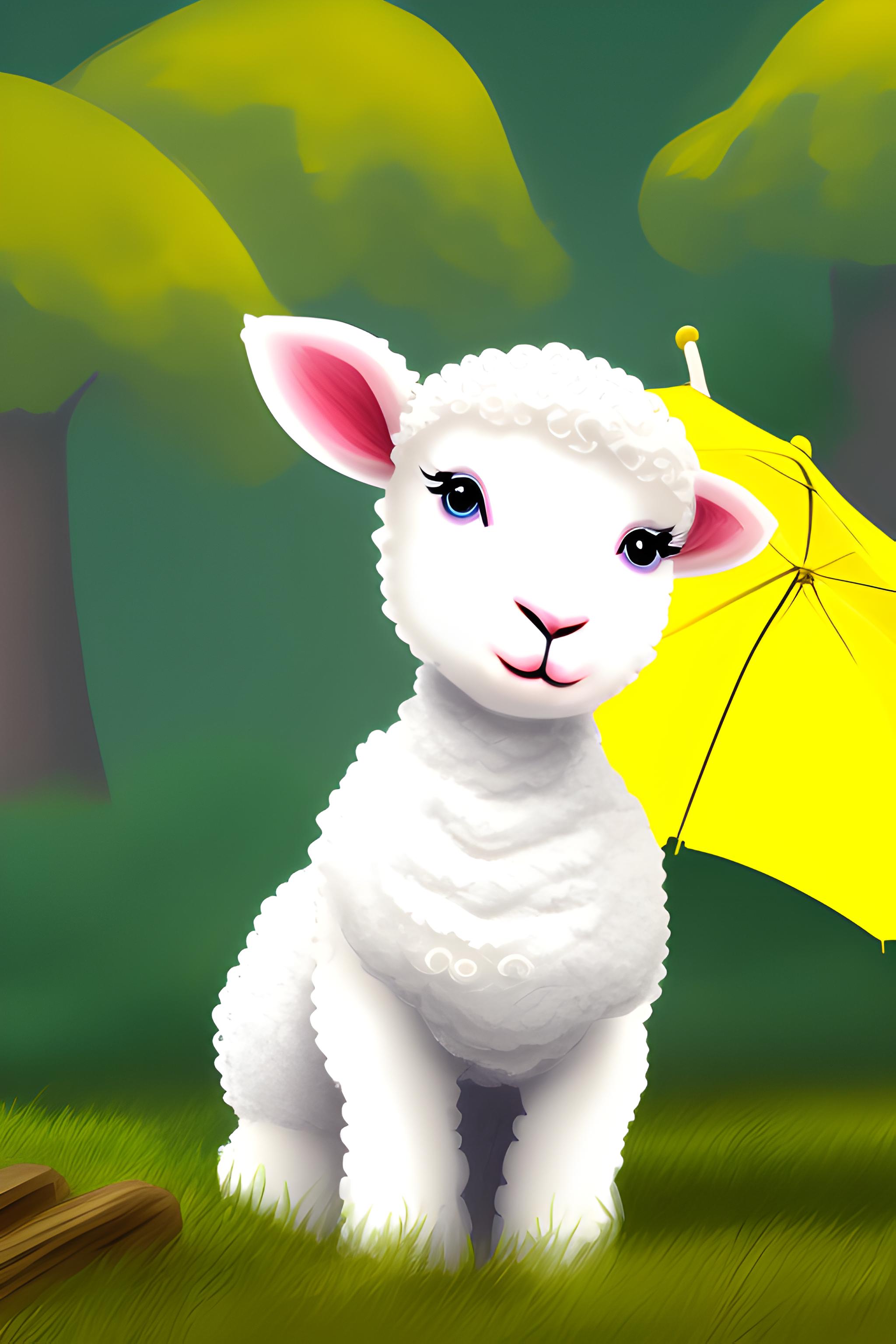 A cute lamb sits under a yellow umbrella, there is a forest around and it is raining